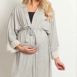 Dresses Maternity Wear SevenQuarter Sleeve Frenulum Lace Pregnants Casual Nursing Pajamas Solid Colors Dress Fashion Soft Sleepwear