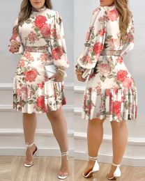 Dress Autumn Women Floral Print Shirred Ruffle Dress 2022 Femme Casual Lantern Sleeve Robe Office Lady Dress Outfits Traf Vestid