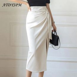 Skirt High Waist Slim Women Solid Straight Skirts Chic Folds LaceUp Split Casual Skirt Office Lady Elegant Package Hip Midi Skirts