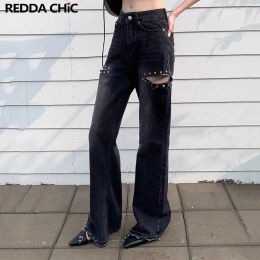 Jeans REDDACHiC Rivets Ripped Flare Jeans for Women High Waist Loose Raw Hem Wide Leg Bootcut Pants Cutout Trousers Korean Streetwear