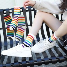 Women Socks Rainbow Striped Patterned Funny Short Cool Cotton Harajuku Cute Kawaii Female Fashion Coloured Happy Sock Femme