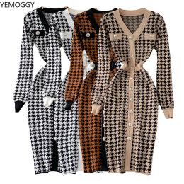 Dresses Autumn Elegant Temperament Vneck Hit Color Dress Office Lady Singlebreasted Houndstooth Knitted Stretch Dress Women Clothing