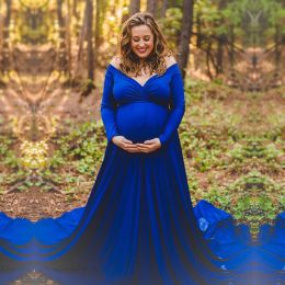 Dresses Maternity Photography Props Maternity Gown Pregnant VNeck Off Shoulder Long Sleeve Photo Shoot Maxi Mermaid Baby Shower Dress