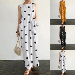 Casual Dresses Retro Maxi Dress Summer With Dot Print O Neck Big Pockets For Women Plus Size Soft Ankle Length Beachwear Style