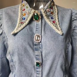 Women's Blouses Diamonds Beaded Denim Single-breasted Gemstones Buttons Shirts Lantern Sleeve Crystal Jeans Jacket Cardigan Tops Blusas
