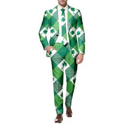 Two Piece Suit Male St PatrickS Day Long Sleeve Coat And Pants Printed Button Multi Pockets For Holiday Party Events 240305