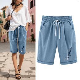 Women's Shorts Women Workout Pocket Five Point Pants Summer Drawstring Prints Lacing Floral Print Beach Cotton Pantalones Cortos