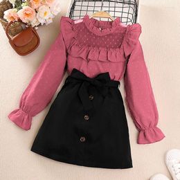 Clothing Sets 7-12 Years Spring Autumn Fashion Girls Set Sweet Lace Patchwork Polka Dot Shirt Bow Short Skirt 2Pcs Suit For Kids