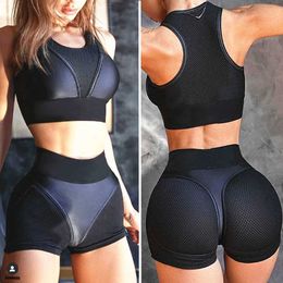 Women's Tracksuits 2024 fake leather womens sportswear mesh yoga set thong waist shorts gym active suit J240305