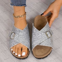 Slippers Boken Shoes 2024 Spring New Cross Buckle Cork Slippers for Mens and Womens Outwear with Sequin One Line Cool Slippers T240305