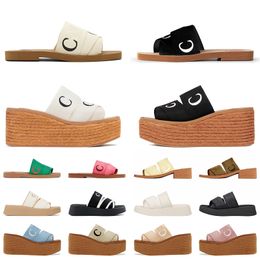 Slides Chinelos femininos Woody Mule lona rendas Designer Slides Branco Preto Rosa Marinho Bege Borracha Sandálias rasas de verão Sapatos slip-on