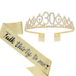 2pcs Talk Thirty To Me Sash Rhinestone Tiara Set 30th Birthday Gifts For Women Party Supplies 240301