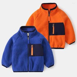 Jackets 2024 Autumn Boys' Polar Fleece Coat Contrast Zipper Large Pocket Japanese Work Suit Stand Neck Jacket Children's Wear