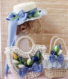 Original tulip straw hat lolita accessories handmade basket Mori girl travel po woven bag woman flower handbag messenger 240301