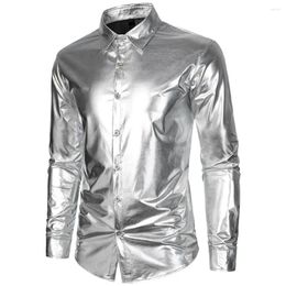 Men's Casual Shirts Men Shirt Glossy Surface Turn-down Collar Single-breasted Long Sleeves Buttons Satin Club Party Stage Performance