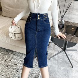 Skirts Korean Fashion Sexy Splicing Fold Woman Womens Medium-long Jean Skirt Casual Female Girls Denim Drop B