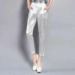 Capris TingYiLi Office Satin Pants Elegant Korean Ladies Harem Pants Black White Khaki Pants Women