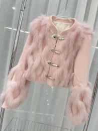 Fur New Fashion Natural Fox Fur Fluffy Weave Knitted Real Fur Coat Winter Jacket Women Sweater Single Breasted Streetwear