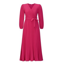 Autumn and winter women's trendy V-neck long sleeved pleated A-line skirt medium length dress