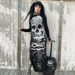 Gothic Skull Print Long Sleeve Dress Women Clothing Fashionable Street Slim Fit Slit Hip-hugging Long Skirt Punk Girl Skirt 240228