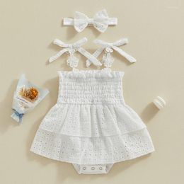 Girl Dresses Baby Girls Rompers Dress Eyelet Flower Embroidered Bowknot Tie-Up Straps Skirt Hem Bodysuits With Headband
