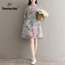 Dress Woman Dress Aline Loose Dress Vintage Chinese Style Flower Printed Dresses Long Sleeve Mandarin Collar Button Vestidos