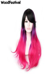 WoodFestival good quality synthetic Fibre hair wigs ombre black purple pink mixed Colour cosplay wig 75cm long wavy wig with bangs 4070383