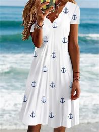 Dress Summer Casual Small Boat Anchor Print Dress Women's Fresh Style Wave Neck Slim Fit Short Sleeve Dressy Female Pullover Skirt 5XL