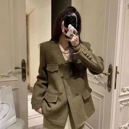 Women's Suits British Style Short Woollen Blazer Coats Retro Casual Solid Colour Loose Single Breasted Herringbone Pattern Suit Jacket