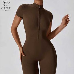 Women's Tracksuits Womens zippered short sleeved activity suit fitness sportswear tight fitting open necked yoga jumpsuit J240305