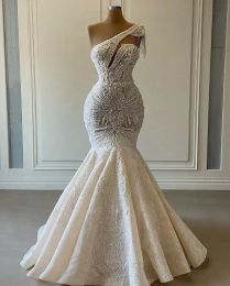 Plus size árabe aso ebi luxuoso laço frisado vestido de casamento um ombro sereia vestidos de noiva vestidos de casamento vintage