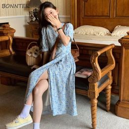 Dress Midi Dress Women Leisure Holiday Vneck Korean Style Fashion Summer Blue Floral Pretty Lady Vestidos 2023 Stylish Slit Designed