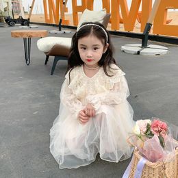 Girl Dresses Kids For Girls 2024 Spring Baby Sweet Long Sleeve V-neck Lace Wedding Princess Dress 2-7 Years Clothes