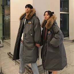 Parkas 2023 Korean Style Winter Long Parka Coat Men Woman Down Jacket Clothing Hooded Fur Collar Thicken Warm Leisure Lovers Overcoat