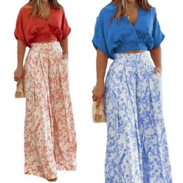 Capris Womens Two Piece Sets 1 Set Elegant Solid Colour Crop Top Pants Floral Print Wide Summer Relaxed Fit Printed Pants Set Streetwear