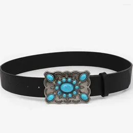 Belts Beaded Jewelry PU Leather Belt Elegant Metal Buckle Ethnic Wind Wide Korean Blue Stone Simple