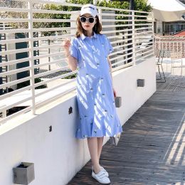 Supplies 2023 Summer Loose Short sleeve Maternity Stripe Dress Blue TurnDown Collar Pregnant Woman Floral Dress Embroidery Cotton Dress