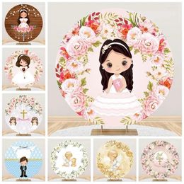 Party Decoration Tableclothsfactory First Holy Communion Round Background My Baptism Boy Girl Cross God Bless Grail Circle Backdrop Cover