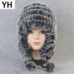 Russian Winter Real Earflap Hat Women Knitted Genuine Skullies Cap DIY Warm Soft Rex Rabbit Fur Beanies Caps Y201024229y