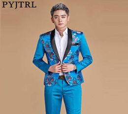 PYJTRL Men Shawl Lapel Chinese Style Royal Blue Gold Red Dragon Print Suits Latest Coat Pant Designs Stage Singer Wear Costume X095725583