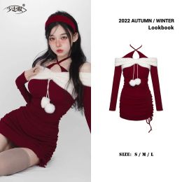 Dress Sweet Hot Girl Christmas Burgundy Sexy Slim Fit Dress Women's Autumn Off Shoulder Strap Short Dress Fashion Female Clothes