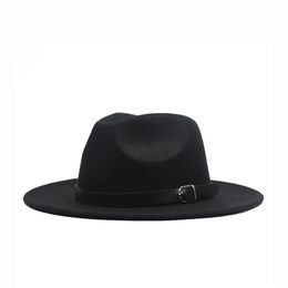 Autumn winter Flat Brim Wool Felt Fedora Hats with buckle Jazz Formal Hat Panama Cap plain hat Men Women big brim felt hat221z