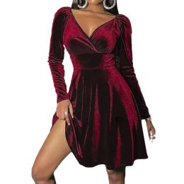 Dress Women Sexy Ruched Wrap VNeck Long Sleeve Midi Dress Solid Colour High Waist ALine Flared Christmas Cocktail Party Dress