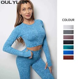 Women's Tracksuits Oulyan sportswear fitness leg set tie dye seamless yoga set high waisted Hip Rise long sleeved set J240305