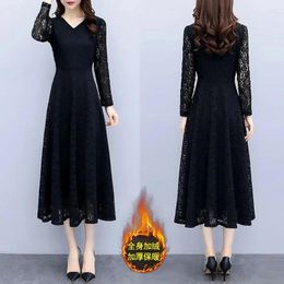 Casual Dresses Autumn Winter Women Lace Dress Add Velvet/No Velvet Long Sleeve Elegant Temperament Slim Party Vestidos