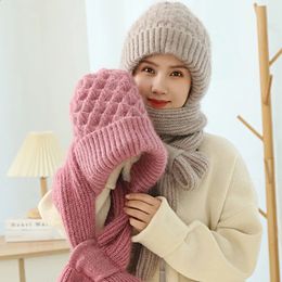 Plush Hat And Scarf All In One Knitted Women Winter Warm Thickened Hooded Ear Protection Outdoor Ski Female Beanie Cap 240227