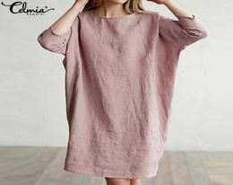 Celmia Women Long Shirt Cotton Linen Dress 34 Sleeve Pockets Vintage Dresses Ladies Casual Loose Solid Mini Vestidos Plus Size J18755174