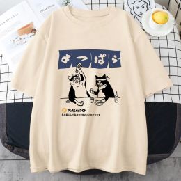 T-shirt Women Tshirt Streetwear Japanese Harajuku Funny Drinking Cat TShirt 100% Cotton Summer Cartoon T Shirt Unisex Hip Hop Tops Tees