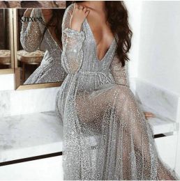 Dress Silver Sexy Party Dress Hot Sequined Dress Women Mesh Overlay Maxi Dress Summer Backless Long Sleeve Vneck Dress Vestidos