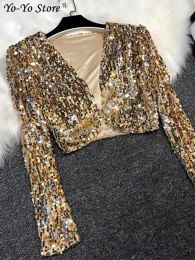 Jackets Shining Sequin Party Jacket Women Vneck Long Sleeve Club Outwear Female 2023 Autumn Fashion Y2K Lady Crop Tops Streetwear